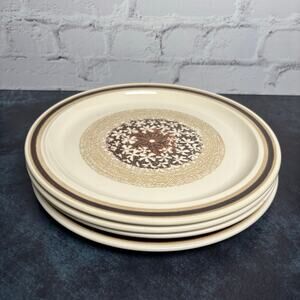 Vtg Royal China Omegastone Snowflower Cream Brown Boho Dinner Plates Set of 4